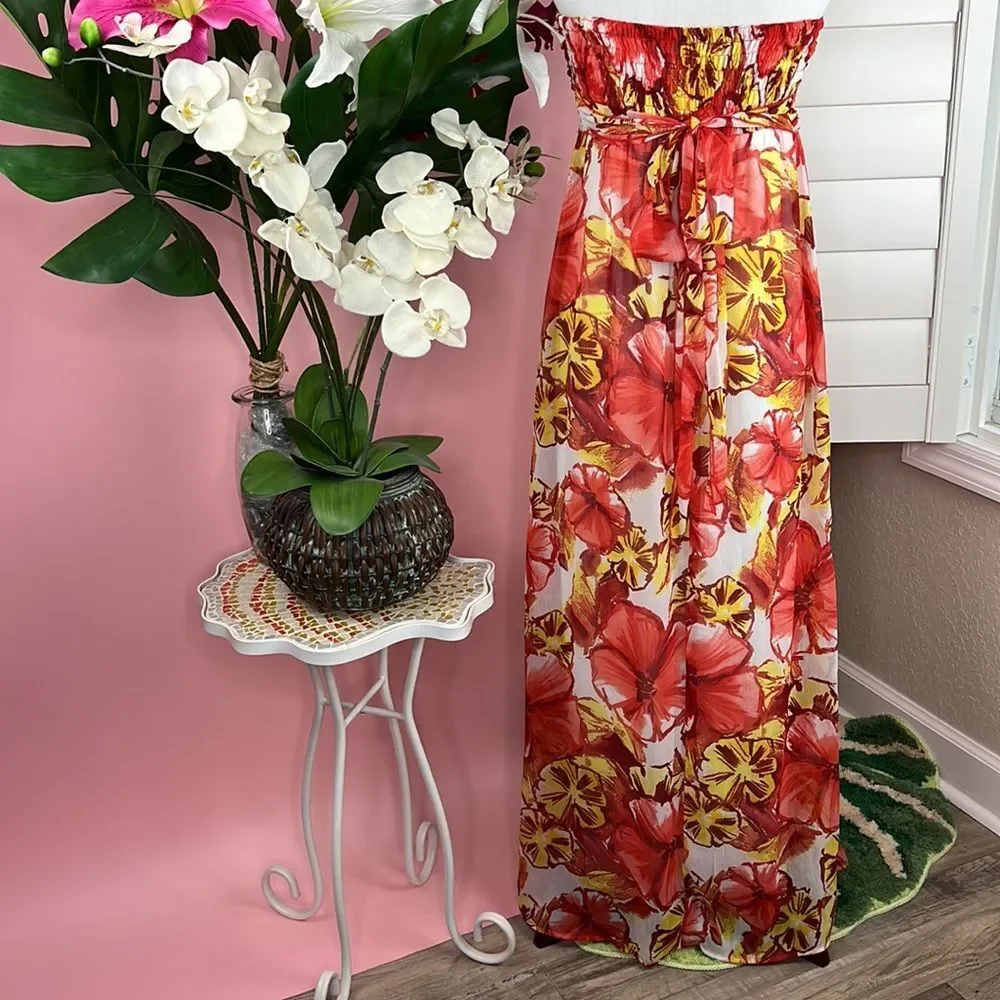 Xhilaration Strapless Tropical Fall Hibiscus Floral Maxi Summer Dress